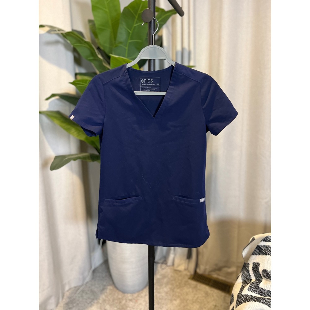FIGS Technical Collection Navy Blue V-Neck Scrub Top Womens XXS Short Sleeve